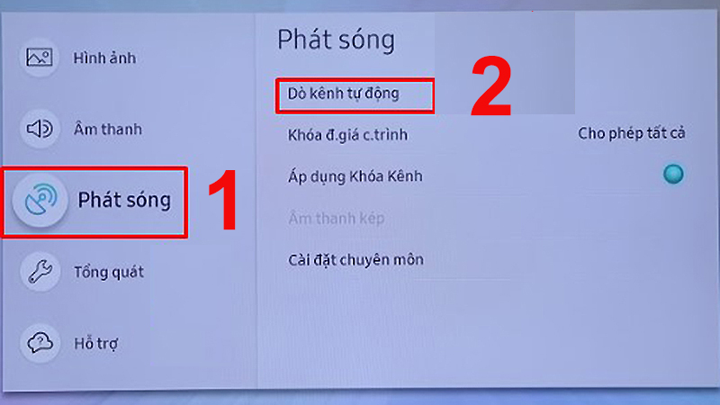 Vào Dò kênh tự động trong mục Phát sóng